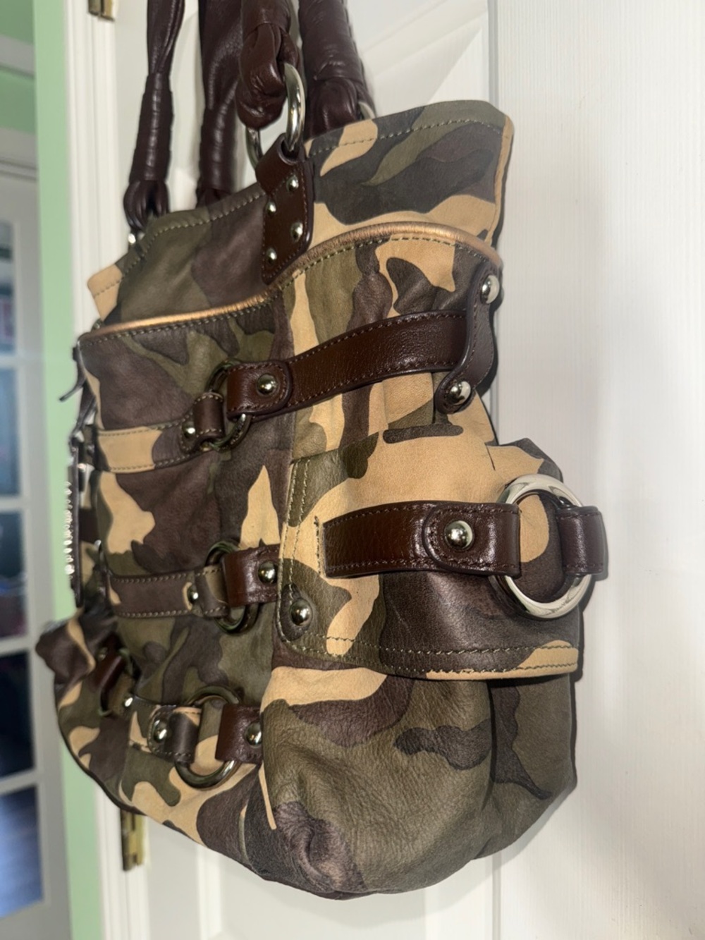 B Makowsky Brown Beige Camo Leather Purse Satchel Kimberly Large Shoulder Bag - Picture 4 of 10